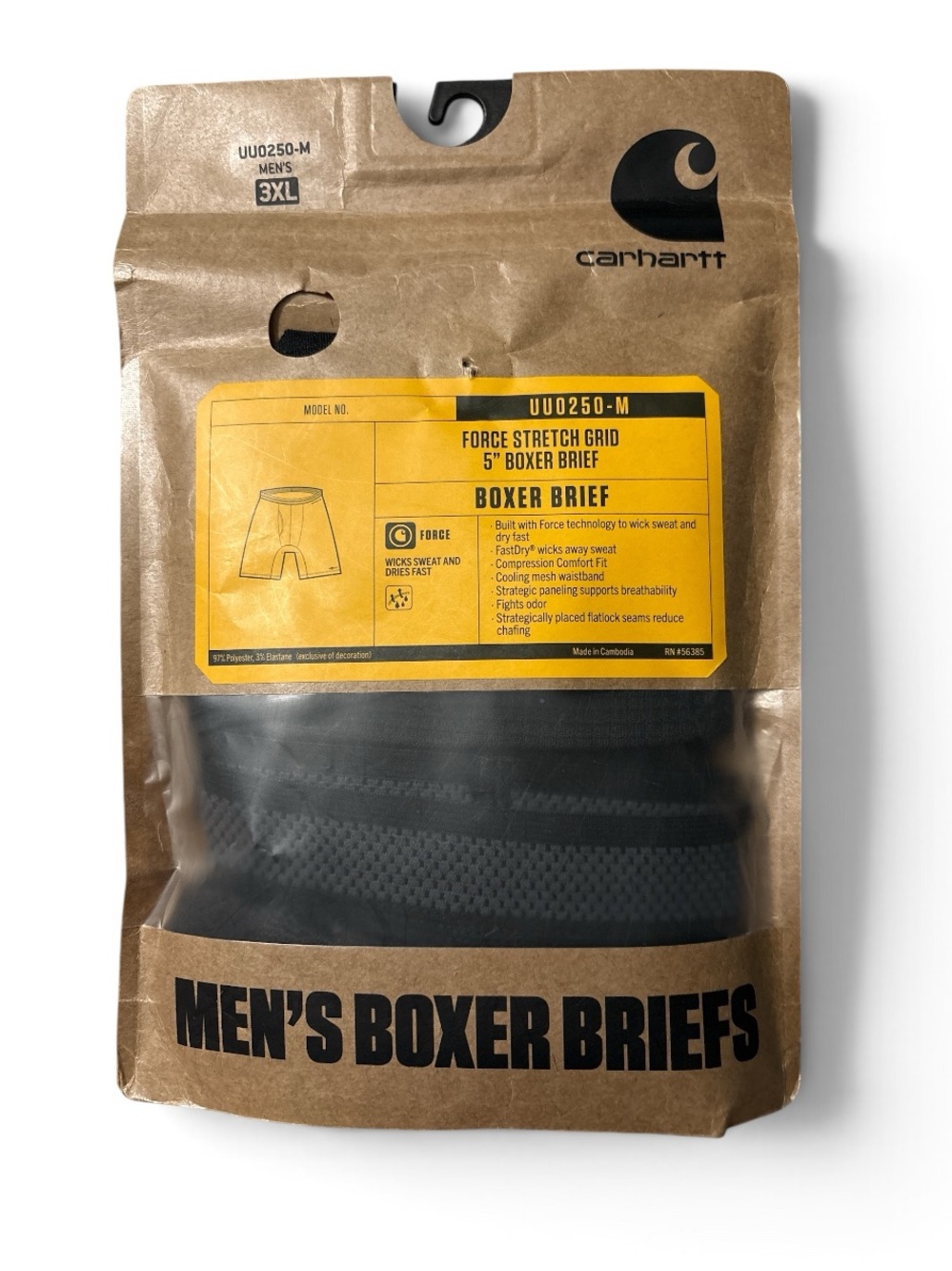 Carhartt Men's Black Boxer Briefs - Force Stretch Grid. 3XL or 4XL